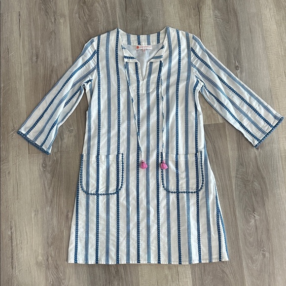 Jude Connally Dresses & Skirts - Jude Connally White Dress with Blue Stripes